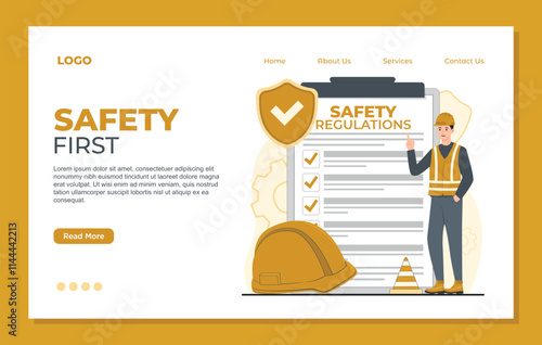 Safety first landing page template. Flat vector illustration of safety regulations page for web design