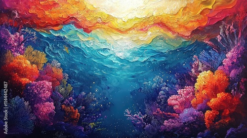 A vibrant resin painting showcasing the luminous beauty of underwater life, with glowing coral reefs and sparkling waves in a modern abstract style.