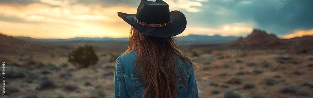 Stylish Woman in Cowboy Hat Facing the Horizon Stylish Woman in Cowboy Hat Facing the Horizon