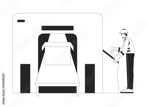 Hardhat worker operating industrial packaging machine black and white 2D line character. Engineer inspecting packing box conveyor system isolated vector outline person. Monochromatic spot illustration