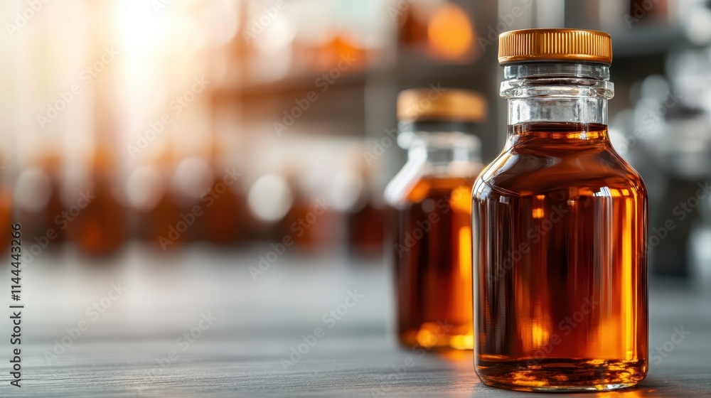 The image showcases a single clear glass vial filled with amber liquid, illuminated by soft afternoon sunlight, portraying warmth and peace. The image showcases a single clear glass vial filled with amber liquid, illuminated by soft afternoon sunlight, portraying warmth and peace.
