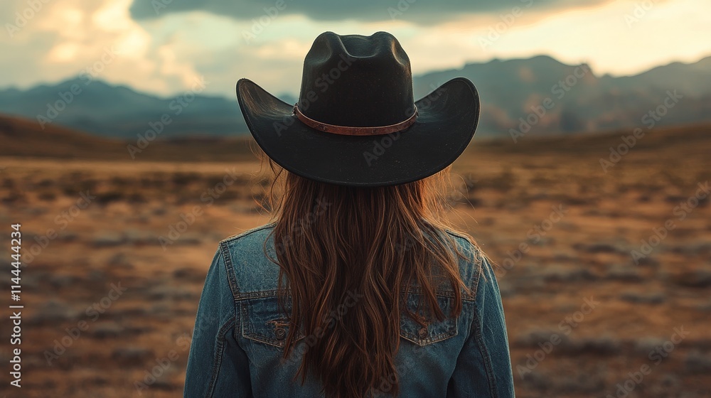 Obraz premium Stylish Woman in Cowboy Hat Facing the Horizon