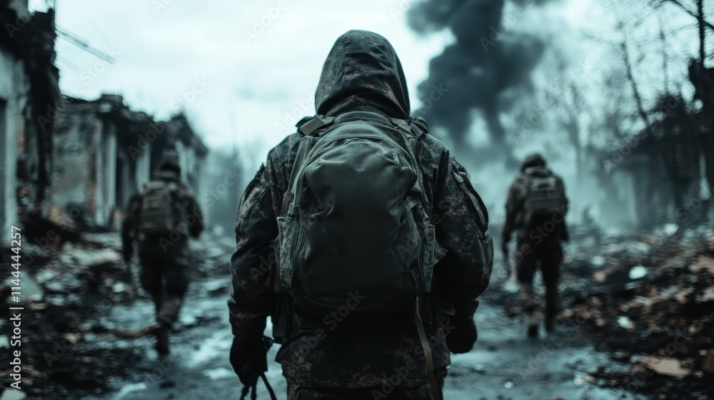 A group of soldiers moves through urban ruins and thick smoke, capturing the essence of conflict, teamwork, and resilience in the face of destruction. A group of soldiers moves through urban ruins and thick smoke, capturing the essence of conflict, teamwork, and resilience in the face of destruction.