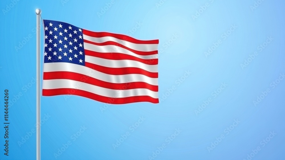 American Flag Waving Brightly Against a Clear Blue Sky Background American Flag Waving Brightly Against a Clear Blue Sky Background
