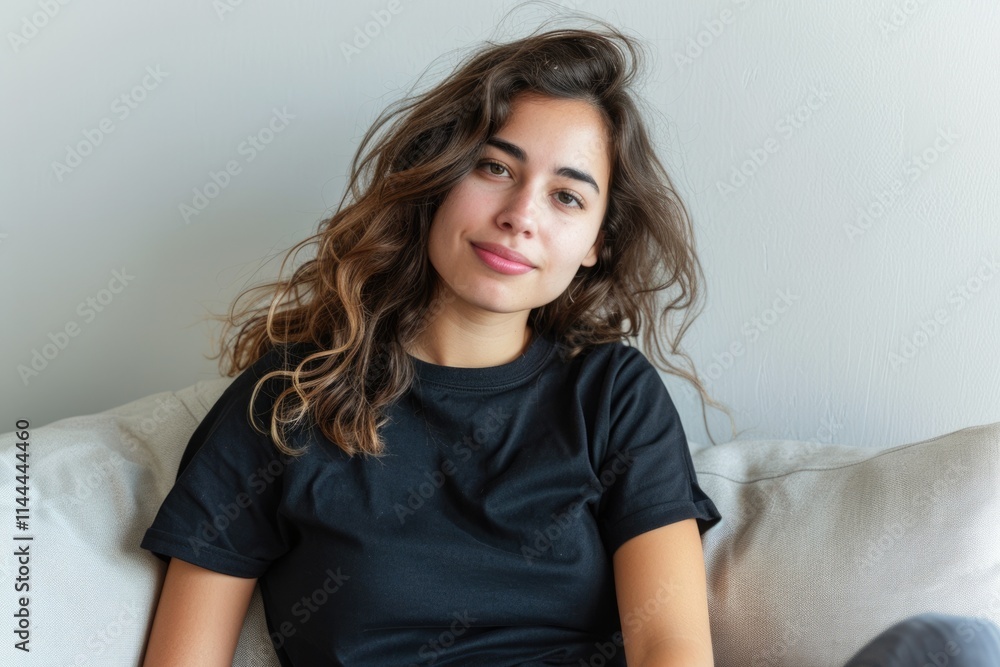 Young latin woman sitting on the sofa wearing a black product mock up t shirt with copy space design Young latin woman sitting on the sofa wearing a black product mock up t shirt with copy space design