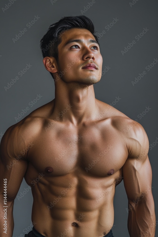 Athletic young man showcasing his muscular build and definition in a portrait shot. Athletic young man showcasing his muscular build and definition in a portrait shot.