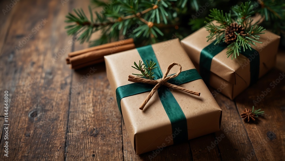 Two wrapped gifts with dark green ribbon and sprigs on a wooden surface, with pine branches and cinnamon sticks. Two wrapped gifts with dark green ribbon and sprigs on a wooden surface, with pine branches and cinnamon sticks.