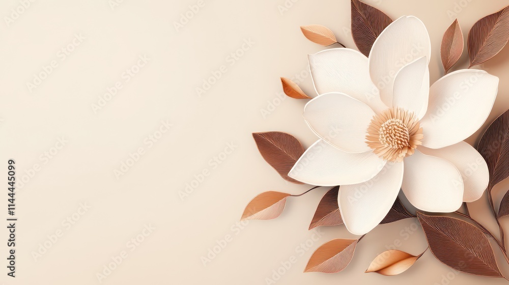 Fototapeta premium Elegant paper magnolia blossom with leaves on beige background.