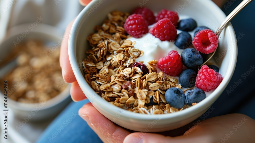 A close-up of a person holding a bowl filled with granola and berries. The yogurt on top provides a creamy contrast to the crunchy granola and juicy fruit. A close-up of a person holding a bowl filled with granola and berries. The yogurt on top provides a creamy contrast to the crunchy granola and juicy fruit.