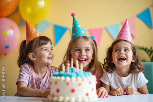 A playful birthday party scene featuring happy kids with balloons, ribbons, and a large cake decorated with candles and sprinkles.. photo