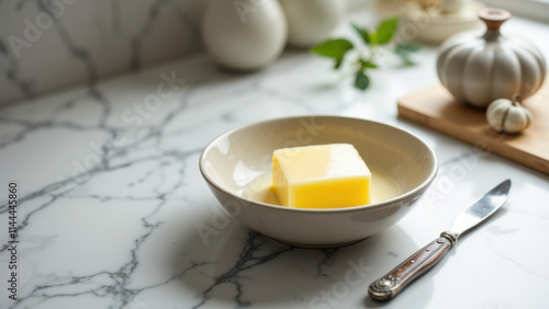 A bowl filled with melted beef tallow on a kitchen counter. photo