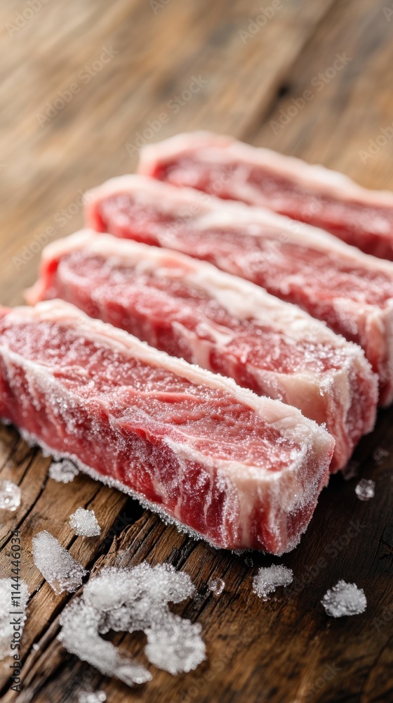Raw frozen beef steak on rustic wooden table, ice crystals visible, premium marbling, fresh cut meat, butcher style, natural lighting, close-up detail, gourmet look, culinary focus Raw frozen beef steak on rustic wooden table, ice crystals visible, premium marbling, fresh cut meat, butcher style, natural lighting, close-up detail, gourmet look, culinary focus