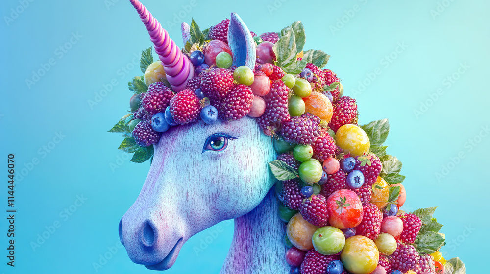 A Whimsical and Enchanting Unicorn Surrounded by a Variety of Fresh, Colorful Fruits A Whimsical and Enchanting Unicorn Surrounded by a Variety of Fresh, Colorful Fruits
