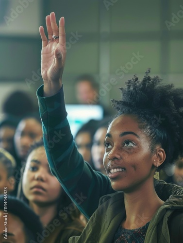 Woman raising hand for attention in seminar or conference environment. photo