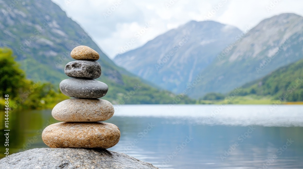 Stacked stones by calm lake with mountains. Stacked stones by calm lake with mountains.