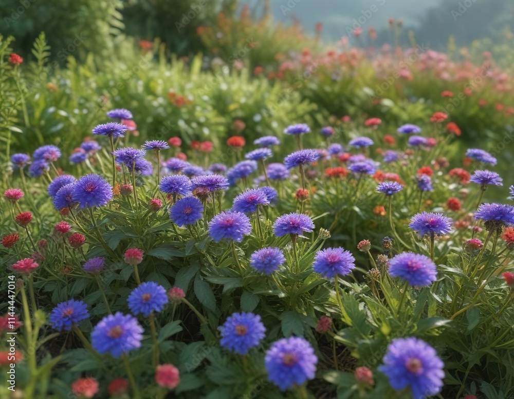 Ageratum blue in a meadow with Portulaca and empty space, field, flowers, green Ageratum blue in a meadow with Portulaca and empty space, field, flowers, green
