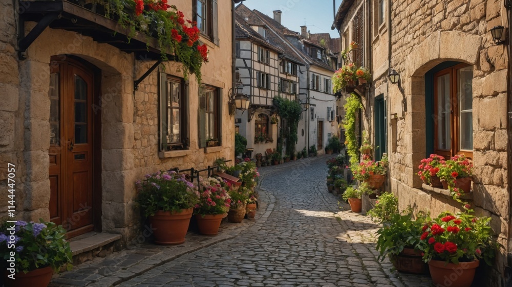 Charming cobblestone street lined with flower-filled window boxes and traditional stone buildings. Sunlight bathes the quaint European-style architecture. Charming cobblestone street lined with flower-filled window boxes and traditional stone buildings. Sunlight bathes the quaint European-style architecture.