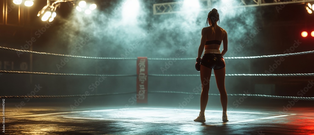 Fototapeta premium Female boxer preparing for match boxing ring sports photography dramatic lighting dynamic angle empowerment in action