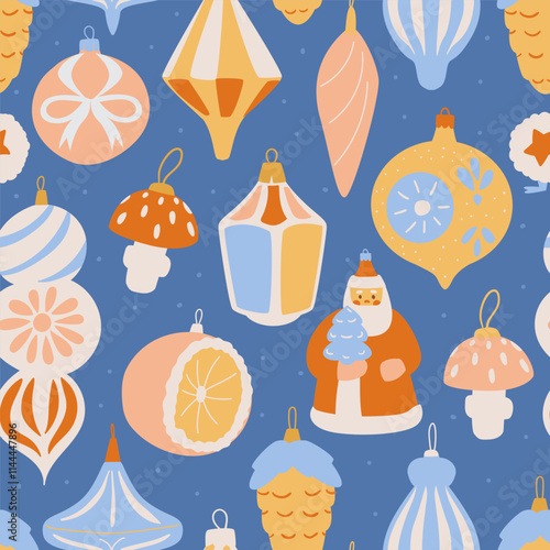 Christmas Seamless Vector Pattern With Retro Glass Toys.