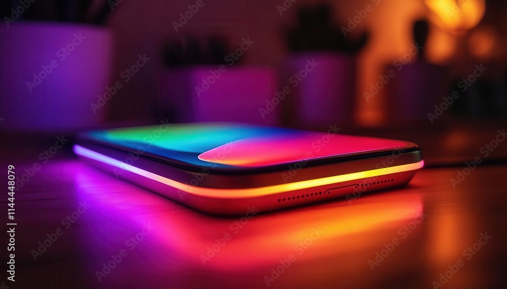 Phone dock with vibrant lighting, sleek design, soft glow Phone dock with vibrant lighting, sleek design, soft glow