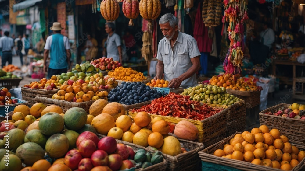 A middle-aged man of South Asian descent carefully arranges vibrant fruits and vegetables at a bustling market. The scene is filled with warm colors and a sense of lively commerce. A middle-aged man of South Asian descent carefully arranges vibrant fruits and vegetables at a bustling market. The scene is filled with warm colors and a sense of lively commerce.