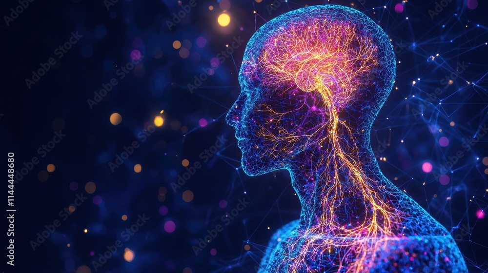 Numbness, tingling Digital rendering of a human head with glowing neural connections and vibrant colors. Numbness, tingling Digital rendering of a human head with glowing neural connections and vibrant colors.