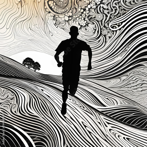 A black silhouette of a man running along a footpath among cultivated fields in a single contouring black line; white background