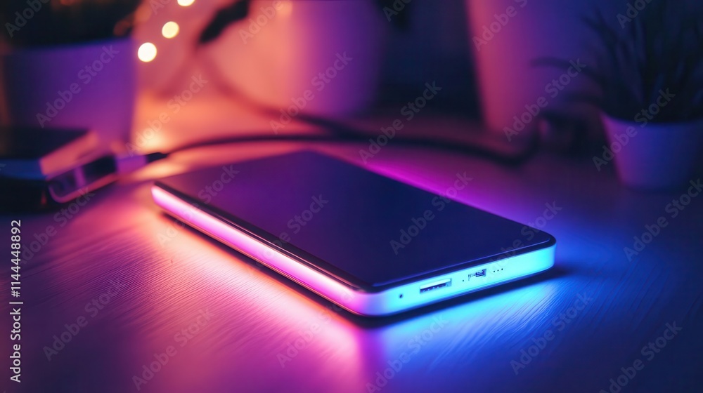 Power bank with vibrant lighting, sleek design, cozy travel setup Power bank with vibrant lighting, sleek design, cozy travel setup