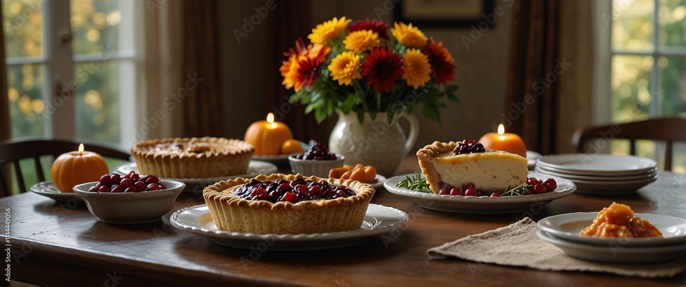 Cozy Thanksgiving Table: A beautifully set table for a Thanksgiving feast with pies, candles, and autumnal flowers, evoking warmth, abundance, and the spirit of the holiday. Cozy Thanksgiving Table: A beautifully set table for a Thanksgiving feast with pies, candles, and autumnal flowers, evoking warmth, abundance, and the spirit of the holiday.