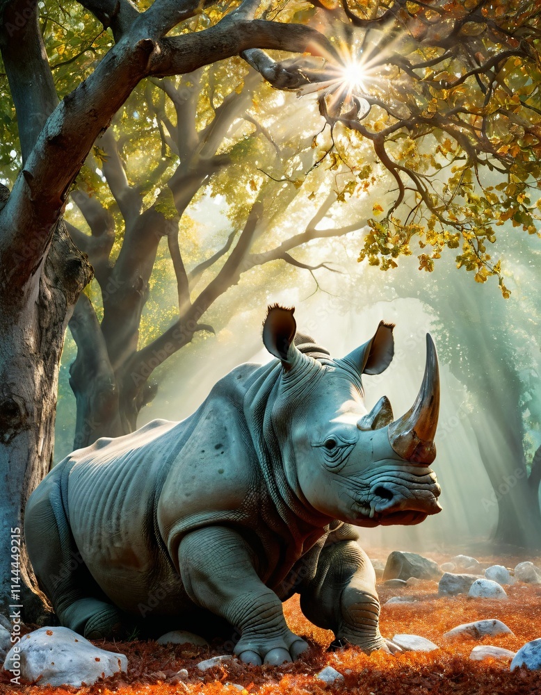 a rhino resting under a plane tree, surrounded by precious agate stones of all colors, sun rays hitting it, vivid realism, the background is a foggy forest a rhino resting under a plane tree, surrounded by precious agate stones of all colors, sun rays hitting it, vivid realism, the background is a foggy forest