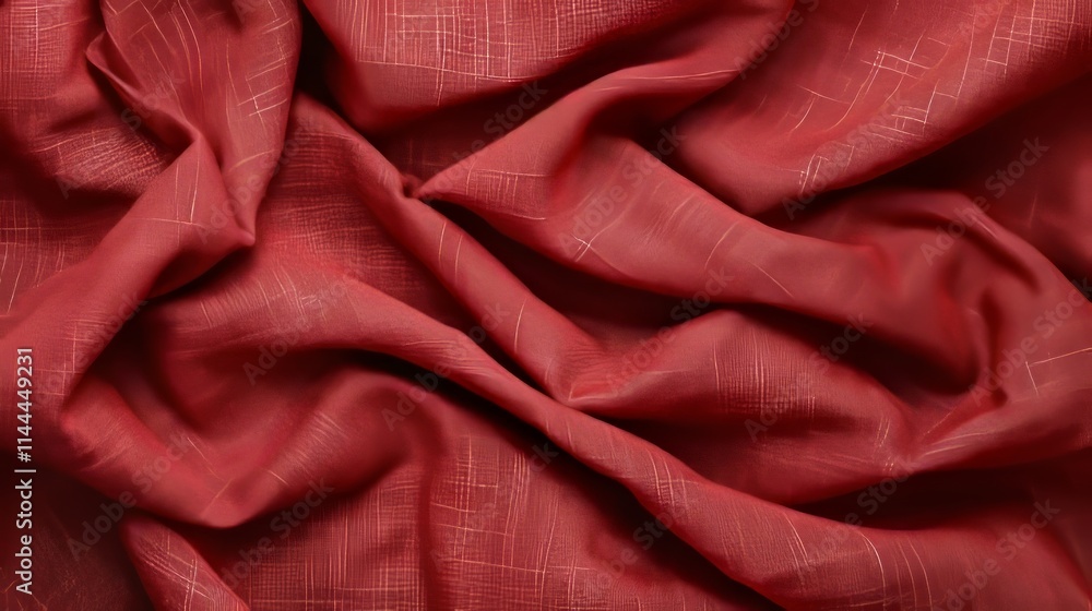 Fototapeta premium Dynamic drape: Bold crimson fabric caught mid-sway, illuminated by warm golden light emphasizing sharp shadows