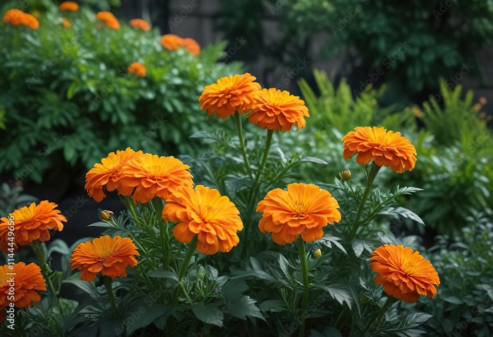Bright orange marigold flowers blooming in a sunny garden against a backdrop of dark green foliage, flowers, bright orange, sun