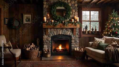 Cozy Christmas living room with a stone fireplace, fireplace, wreath, and Christmas decorations.