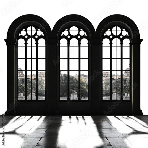 Triple arched gothic window with city view. photo