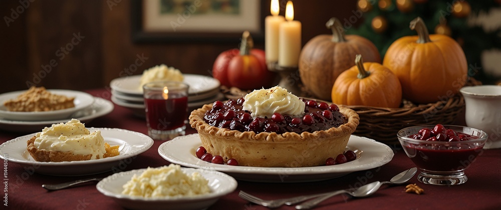 Thanksgiving Feast: A rustic table setting with a focus on a delectable cherry pie, accompanied by pumpkins and a glass of cranberry juice. The ambiance is warm and inviting. Thanksgiving Feast: A rustic table setting with a focus on a delectable cherry pie, accompanied by pumpkins and a glass of cranberry juice. The ambiance is warm and inviting.