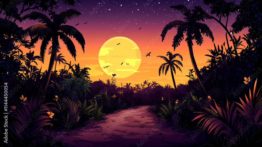 Fototapeta premium Tropical sunset, path through lush jungle.