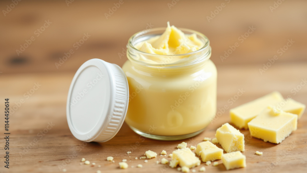 A jar of golden yellow beef tallow sitting on a wooden surface with shavings nearby. A jar of golden yellow beef tallow sitting on a wooden surface with shavings nearby.