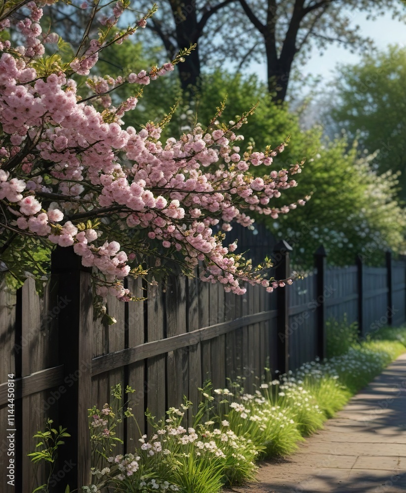 Fototapeta premium Cherry blossoms in full bloom against a dark wooden fence with lush green foliage, blossomed branches, blossoming, cherry blossom