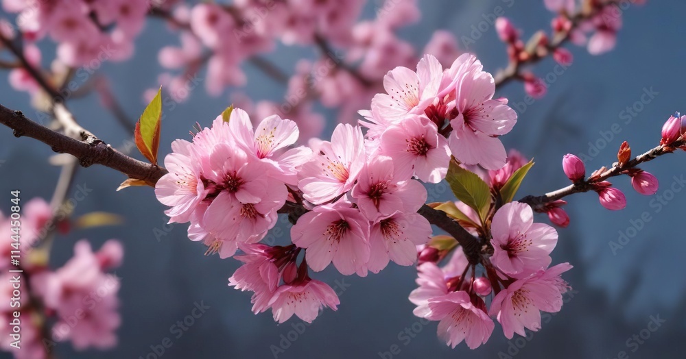 Obraz premium Cherry branch with a few pink blossoms in full bloom, branches, colorful
