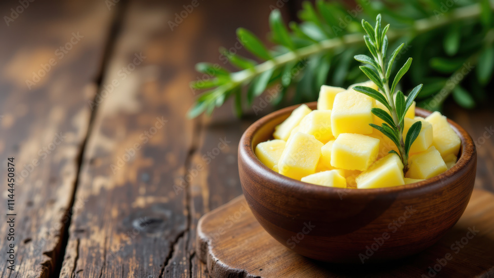 Chunks of melted beef tallow in a bowl with fresh herbs on top. Chunks of melted beef tallow in a bowl with fresh herbs on top.