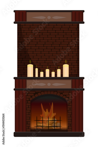 Fireplace icon. Vintage brown red brick fireplace. There is a fire burning in the fireplace and candles burning on the fireplace. Interior design