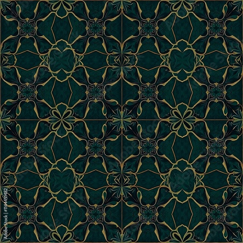 Emerald Green and Gold Ornate Pattern: A seamless, intricate pattern in shades of emerald green and gold. The design features repeating floral motifs and geometric elements.  