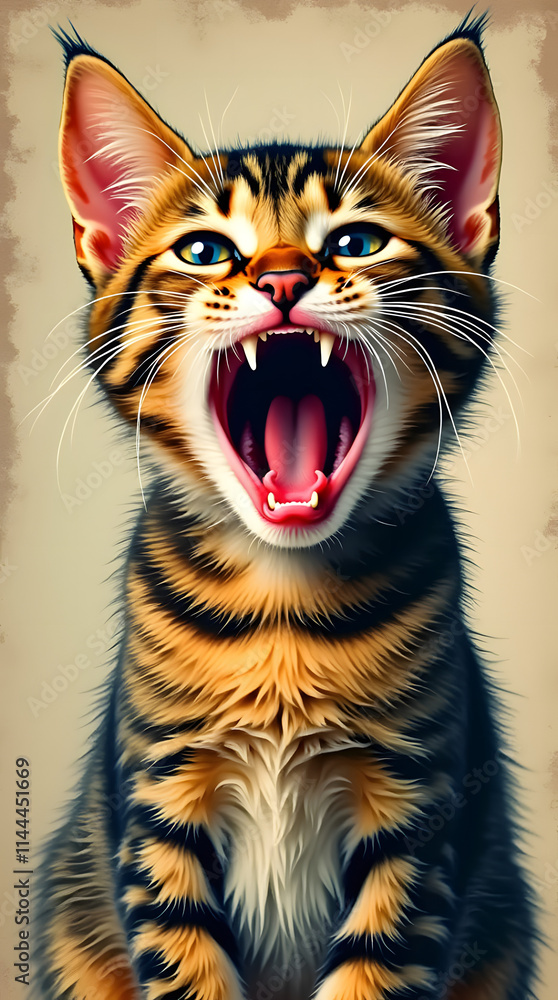 Crying cat. Funny kitten with open mouth expressing surprise or shock. Meow! Creative idea in retro and pop art collage style. Crying cat. Funny kitten with open mouth expressing surprise or shock. Meow! Creative idea in retro and pop art collage style.