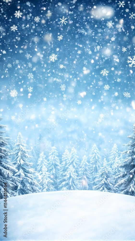 Winter wonderland with falling snow and serene pines for Christmas and New Year celebrations Winter wonderland with falling snow and serene pines for Christmas and New Year celebrations