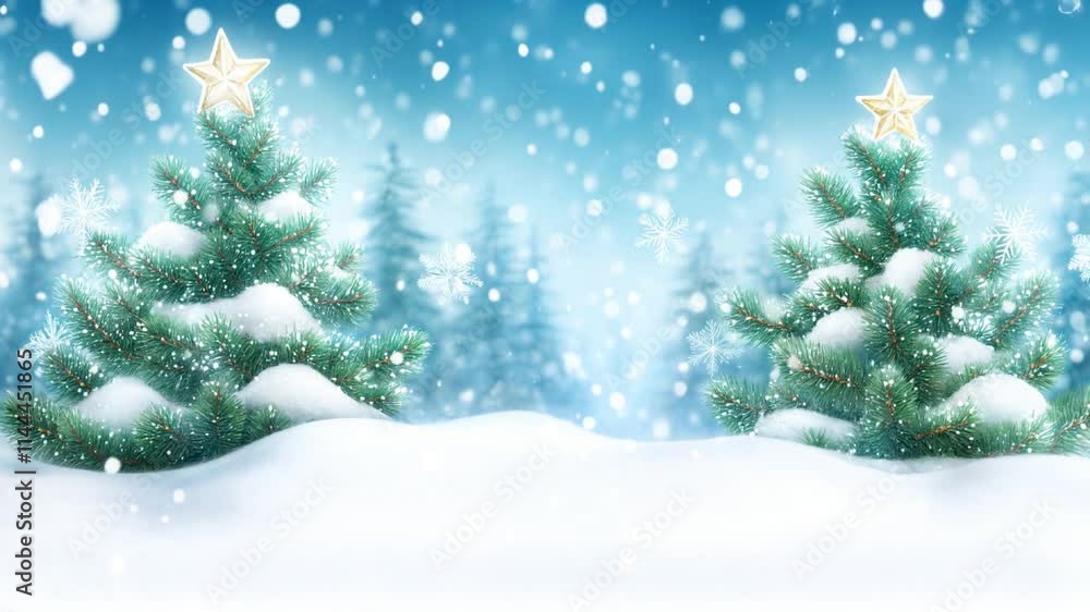 Winter wonderland with snow-covered pine trees and festive decorations for Christmas Winter wonderland with snow-covered pine trees and festive decorations for Christmas