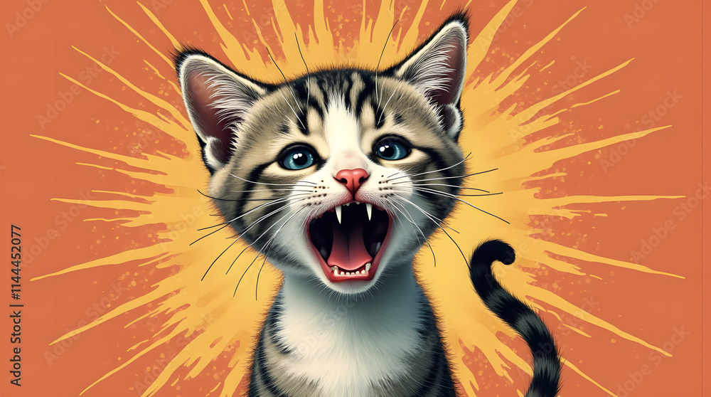 Crying cat. Funny kitten with open mouth expressing surprise or shock. Meow! Creative idea in retro and pop art collage style. Crying cat. Funny kitten with open mouth expressing surprise or shock. Meow! Creative idea in retro and pop art collage style.