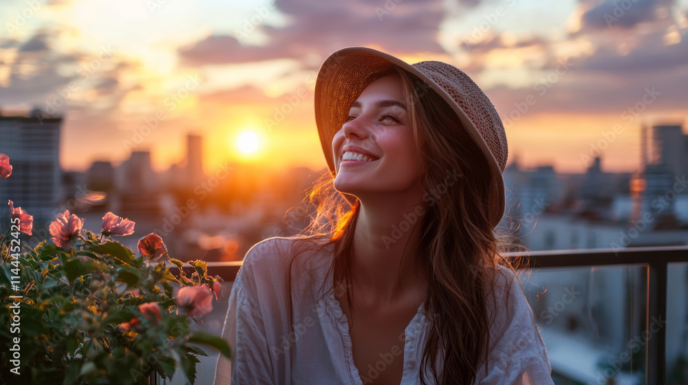 Fototapeta premium Carefree young woman enjoying sunset on city balcony