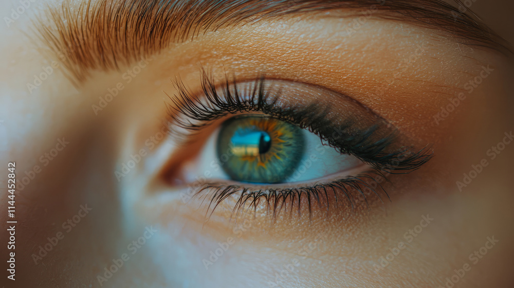Obraz premium Close-up of woman's eye with vibrant colored iris and lashes