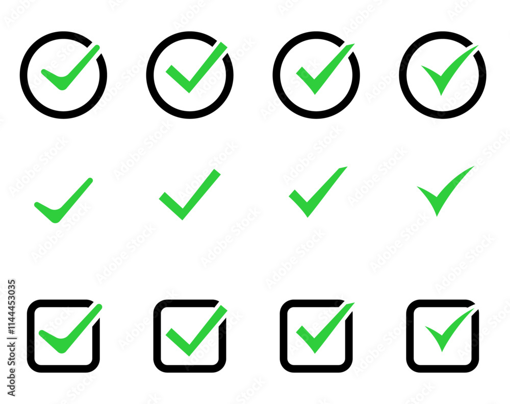 Check or tick icons. Big set of black check or tick icons for design. Check symbol isolated Check or tick icons. Big set of black check or tick icons for design. Check symbol isolated