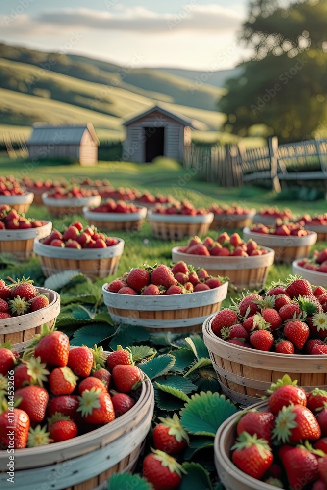 A cozy countryside strawberry farm with wooden baskets scattered across the field, filled with freshly picked strawberries,generative ai A cozy countryside strawberry farm with wooden baskets scattered across the field, filled with freshly picked strawberries,generative ai
